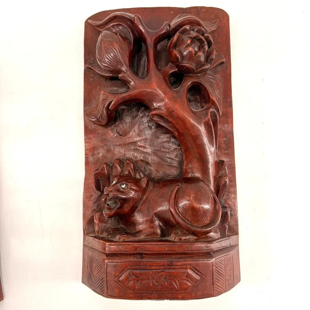 Vintage Antique Chinese Hand‎ Carved WOOD BOOKENDS Tiger Lotus Solid Wood